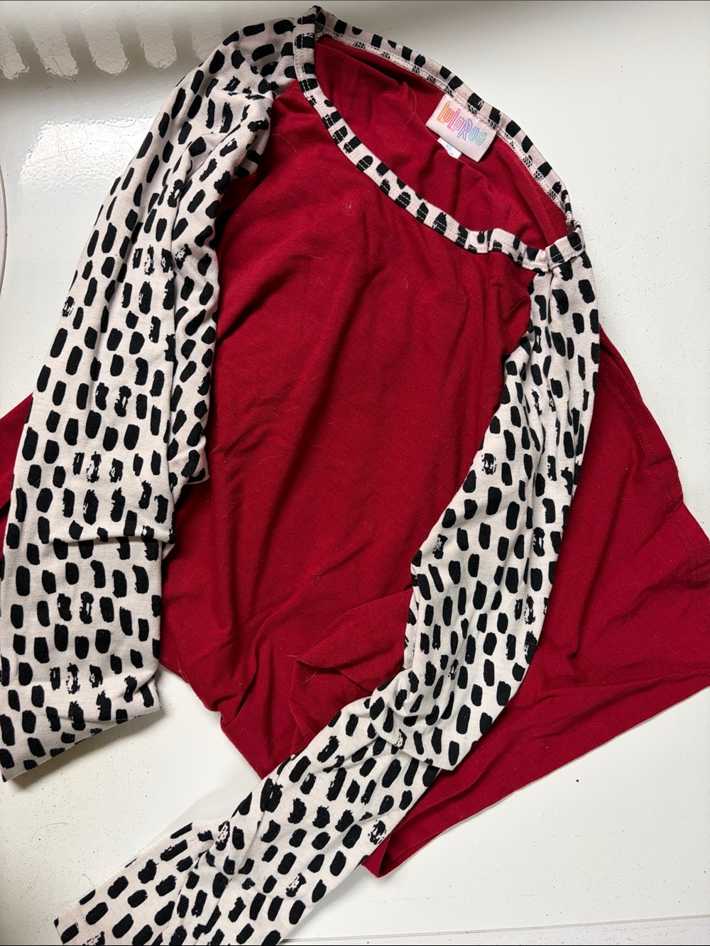 LuLaRoe Red Long-Sleeve Top with Black-and-White Printed Sleeves